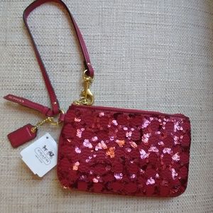 Coach Signature Sequin Small Wristlet Red